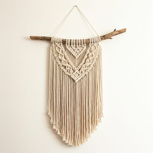 Intricate macrame wall hanging on wooden branch