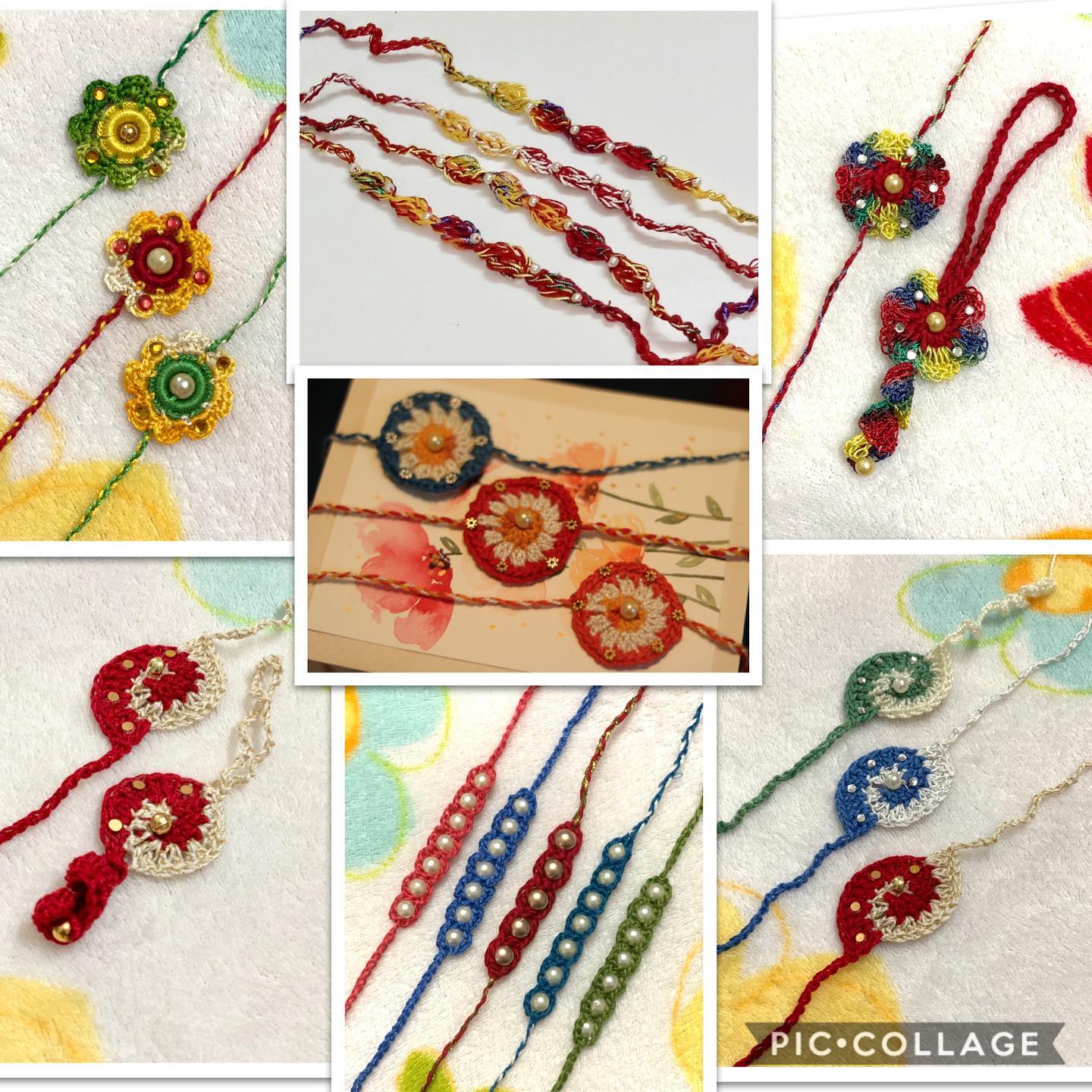Handmade delicate and pretty crochet rakhis, doris and lumbas embellished with Swarovski crystals, b...