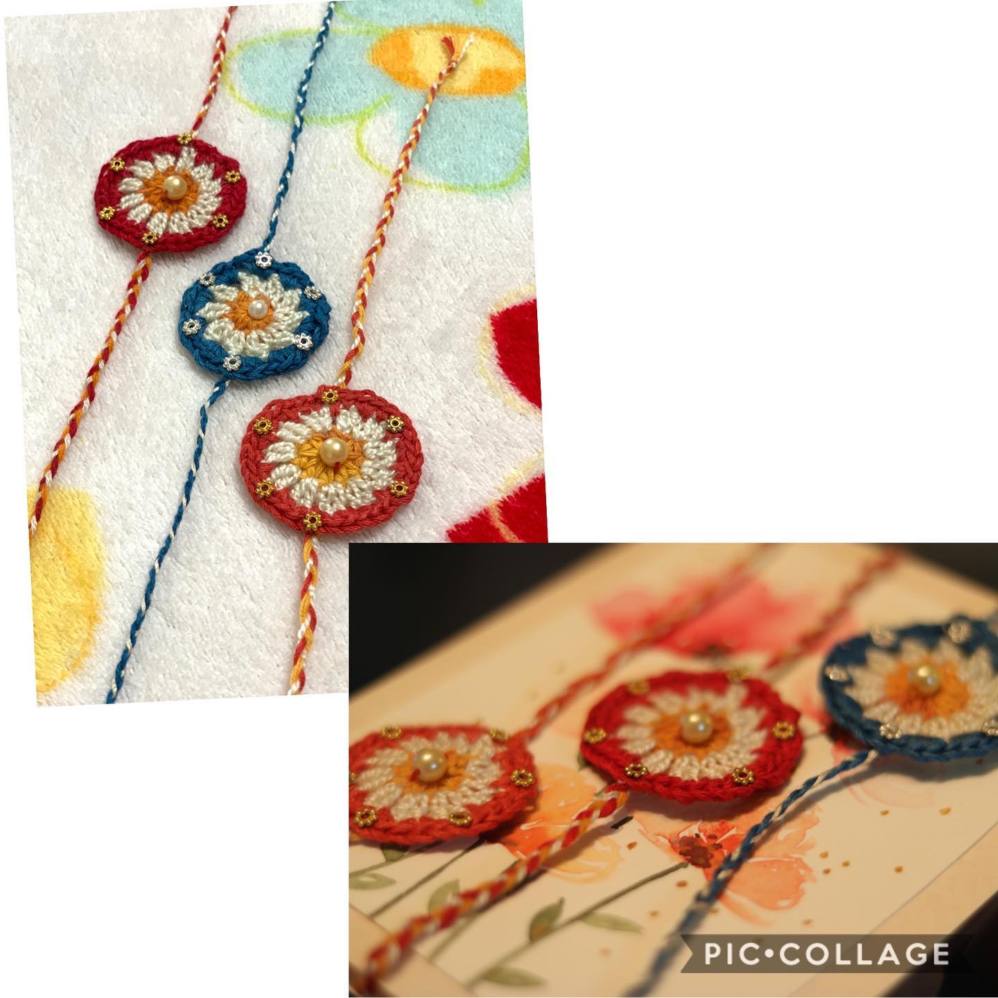 Set of 3 delicate, colourful crochet rakhis