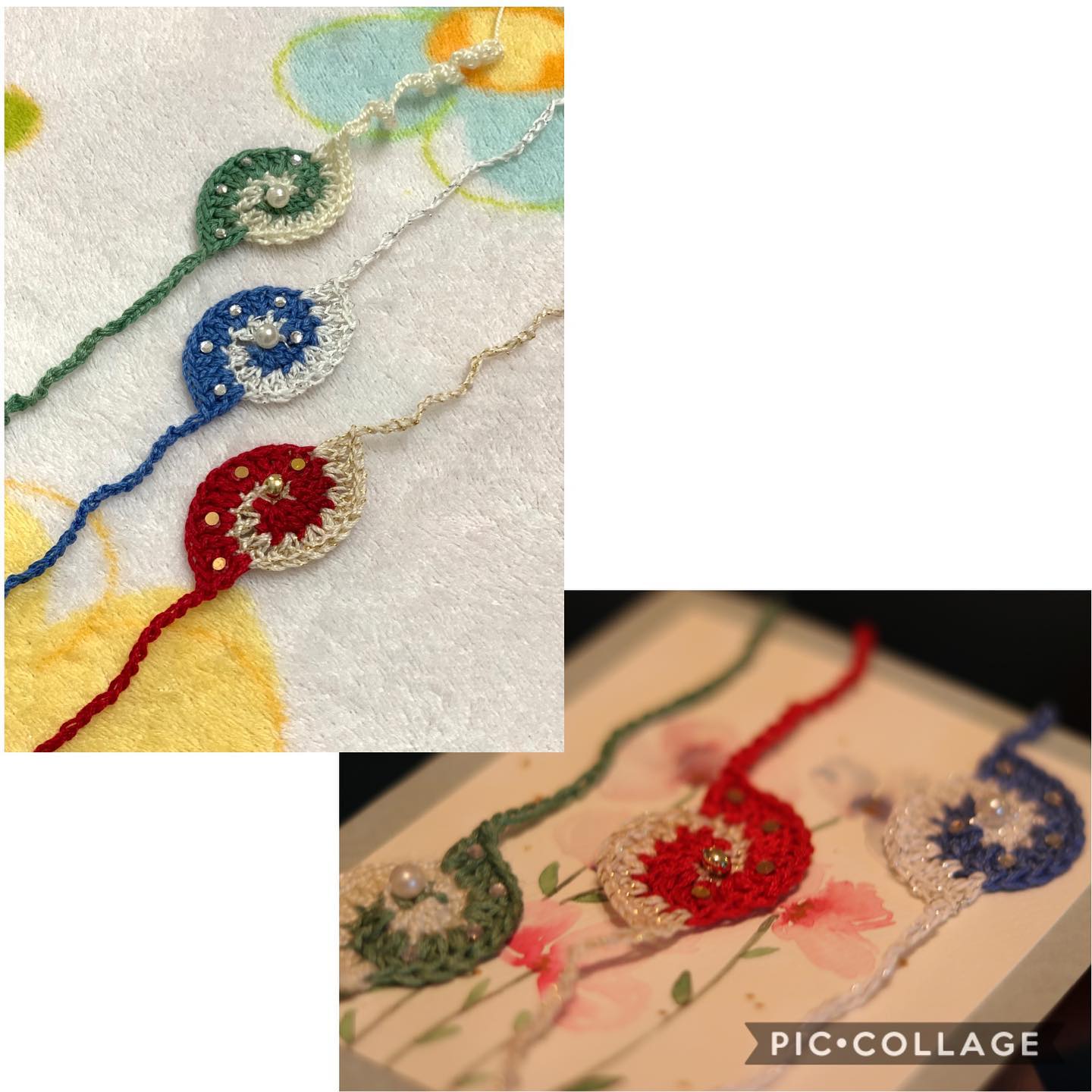 Set of these 3 delicate colourfull rakhis